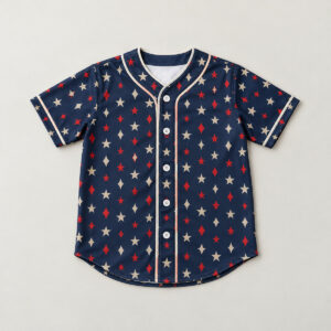 Little Slugger Kids Baseball Jersey with White Buttons with all-over small stars and diamonds in navy, red and cream