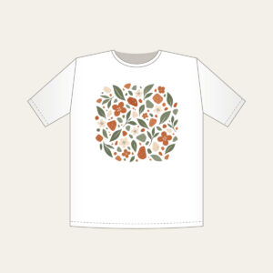 Garden Terrazzo of Leaves and Blossoms T-Shirt in white: An all-over terrazzo of leaves, pebbles and blossoms in terracotta, sage and cream.