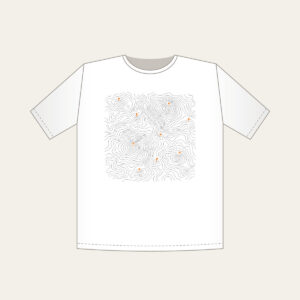 Topographic Lines and Trail Markers T-Shirt in white: Topographic lines in grey with small orange trail markers.