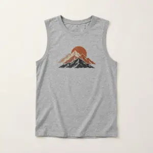Heather Grey Summit Muscle Tank with compact front chest panel print of three stacked mountain peaks with a half-sun rising behind in black, rust and sand