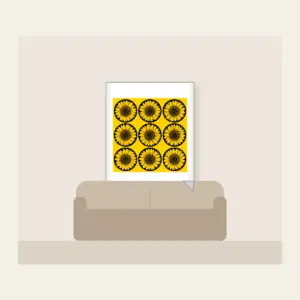 Nine Sunflowers in a Yellow Grid Fleece Blanket in white: A neat three-by-three grid of nine sunflower circles in black and golden lines on a yellow ground.