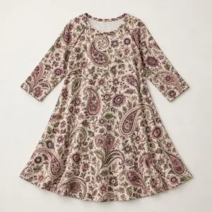 Paisley Garden Raglan Dress with a paisley garden pattern with small flowers in plum, rose and olive on cream