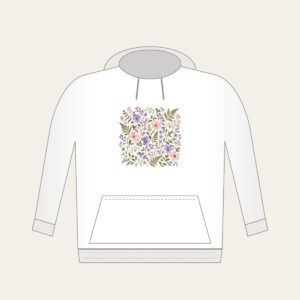Pressed Posies and Ferns Hoodie in white: Pressed-flower posies and ferns in lilac, blush and sage arranged all over a cream ground.