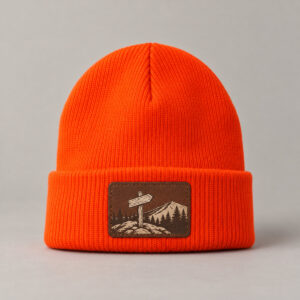 Orange Trailhead Patch Kids Beanie with patch artwork of a tiny wooden trail sign pointing up a ridge in cream and brown on a rectangular patch, Rec_RDBrown style patch, Blaze Orange beanie