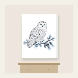 Snowy Owl on a Frosted Branch Canvas Print in white: A snowy owl on a frosted branch in white, grey and ice blue.