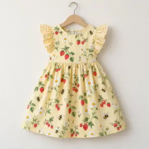 Child's yellow ruffle sleeve dress with strawberries, daisies and bees