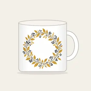 Gold Botanical Leaf and Berry Wreath Mug in white: A fine botanical wreath of leaves and berries drawn in dark lines on a gold ground.