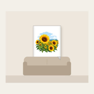 Sunflower Field Under a Pale Sky Fleece Blanket in white: A field of yellow and brown sunflowers beneath a pale blue sky.
