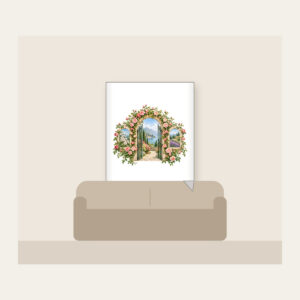 Rose Garden Gate Arch Fleece Blanket in white: An arched garden gate wrapped in blush and green climbing roses, with botanical and landscape scenes in its openings.