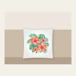 Coral Hibiscus Palm Sorbet Pattern Pillow in white: Coral hibiscus blooms and palm leaves in mint and lemon spread across a cream field.