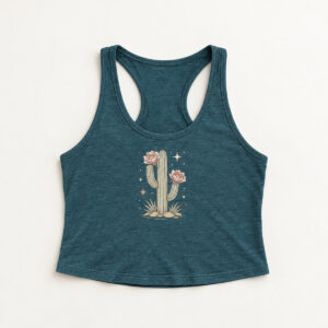 Deep Teal Cactus Bloom Racerback Crop Tank with compact front chest panel print of a saguaro-style cactus with two blossoms and small stars in pink, cream and sand