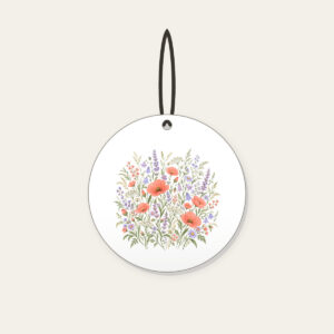 Coral and Lilac Wildflower Meadow Ceramic Ornament in white: Wildflowers and swaying grasses in coral, lilac and sage spread across a cream ground.