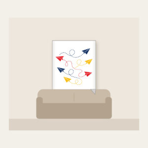 Paper Planes and Dotted Flight Paths Fleece Blanket in white: Paper planes trace dotted flight paths across cream in navy, red and yellow.