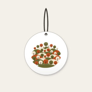 Rolling Orchard Hills Ceramic Ornament in white: Rows of round trees on hills in olive, rust and cream.