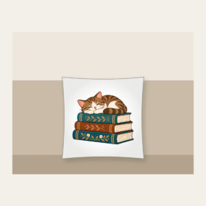 Cat Napping on Three Books Pillow in white: A cat curled up asleep on a stack of three books, in warm brown and teal.
