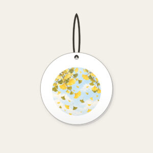 Falling Ginkgo Leaves Ceramic Ornament in white: Ginkgo leaves drift down in butter yellow and olive across a pale, pastel sky.