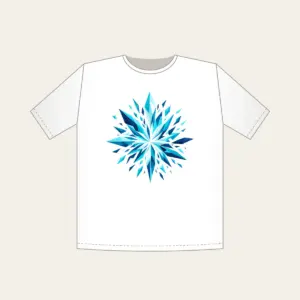 Aqua Shards Bursting into Navy T-Shirt in white: A burst of aqua and white geometric shards darkening into navy.