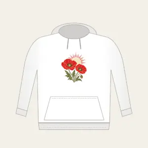 Twin Poppies and a Rising Sun Hoodie in white: Two poppies beneath a rising sun in red, cream and olive.