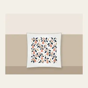 Pear Branches and Crescent Moons Pillow in white: Pear branches, tiny crescent moons and stars repeat in dusty rose, gold and deep navy.