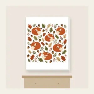 Curled Foxes, Acorns and Leaves Canvas Print in white: Curled-up foxes, acorns and leaves repeat in rust, cream and moss.