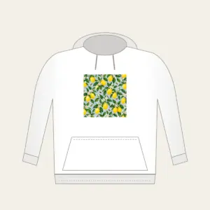 Lemon and Bee Garden Repeat Hoodie in white: A repeat of lemons, glossy leaves and tiny bees in yellow and green on a pale blue-grey ground.