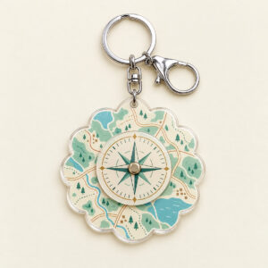 Acrylic map keychain with a compass disc mounted on its front and metal ring hardware.
