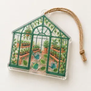Tiny Greenhouse Shaker Ornament with a small glass greenhouse with rows of seedlings and a watering can in green, teal and terracotta