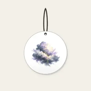 Storm Clouds with Gold Lightning Ceramic Ornament in white: Gentle storm clouds in slate, lavender and cream, split by one thin gold lightning line.
