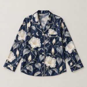 Moonflower Satin Pajama Shirt with night-blooming moonflowers in cream and silver over navy
