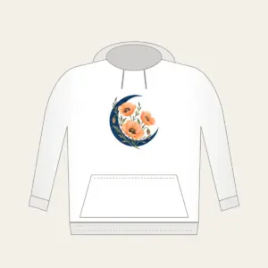 Crescent Moon and Apricot Poppies Hoodie in white: A deep blue crescent moon cradles three delicate apricot poppies on fine olive stems.