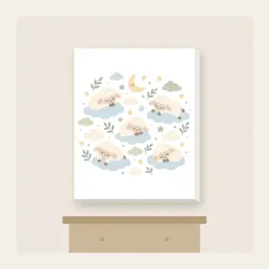 Sleepy Sheep and Clouds Canvas Print in white: Small clouds and sleeping sheep in cream, pale blue and sage on a light field.