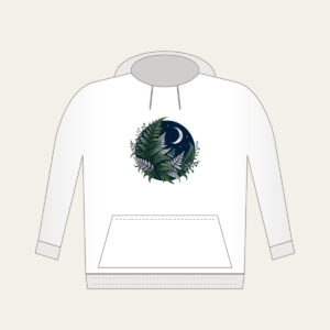 Moonlit Fern Fronds on Navy Hoodie in white: Silver and deep green fern fronds curl over navy beneath a small crescent moon.
