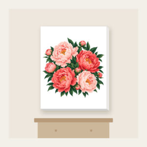 Big Peonies on Deep Green Canvas Print in white: Large peonies in blush and coral with leaves on a dark green ground.