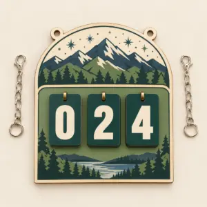 Green and slate mountain bookshelf tracker sign with three number cards displaying 024 and two hanging chains.