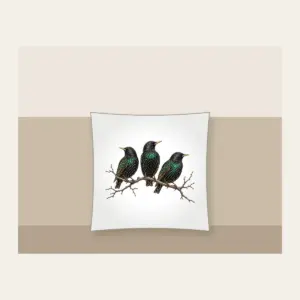 Three Starlings on a Bare Branch Pillow in white: Three starlings perch on a bare branch in charcoal and iridescent green on a pale ground.