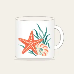 Starfish, Spiral Shell and Sea Grass Mug in white: A starfish, a spiral shell and a sprig of sea grass in coral, cream and teal.