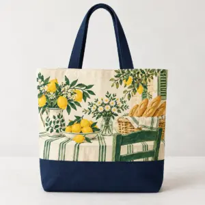 Two-tone canvas tote printed with a market table of lemons and flowers