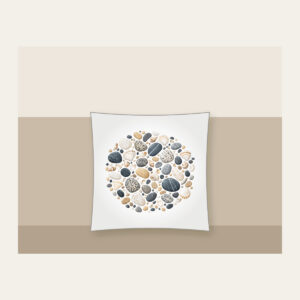 Beach Pebbles and Tiny Shells Pillow in white: Pebbles and tiny shells in sand, slate and white are scattered across the artwork.