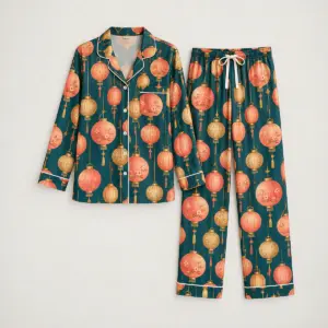Long-sleeve lantern-print pajama shirt and full-length straight pants with white drawstring