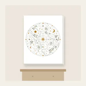 Map Lines with Blooms and Stars Canvas Print in white: Winding map lines carry small blooms and stars in sage, cream and ochre.