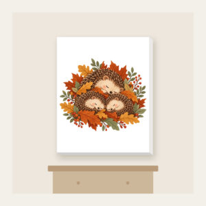 Sleeping Hedgehogs in Autumn Leaves Canvas Print in white: Little hedgehogs curl up asleep among fallen leaves in brown, rust and sage.