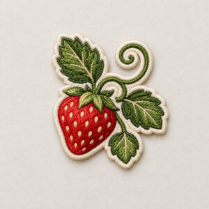 Wild Strawberry Embroidered Patch with embroidery with a strawberry, three small leaves and a curling vine in red, green and cream, merrowed-look edge