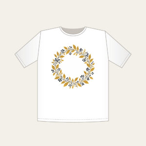 Gold Botanical Leaf and Berry Wreath T-Shirt in white: A fine botanical wreath of leaves and berries drawn in dark lines on a gold ground.