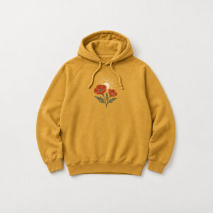 Daybreak Poppy Raglan Hoodie with compact chest print of two poppies with a rising sun in red, cream and olive