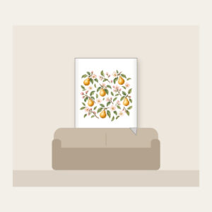 Golden Pears and Blush Blossoms Fleece Blanket in white: Small golden pears, blush blossoms and sage leaves scatter across an airy white ground.