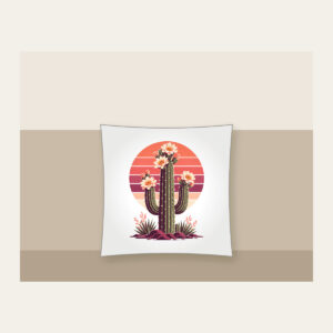 Flowering Saguaro and Striped Sun Pillow in white: A flowering saguaro cactus stands against a striped sunset sun in coral, plum and cream.
