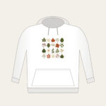 Pressed Leaf Specimen Grid Hoodie in white: A grid of pressed leaves and blossoms in green, rust and cream with tiny index lines.