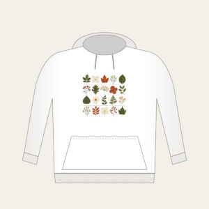 Pressed Leaf Specimen Grid Hoodie in white: A grid of pressed leaves and blossoms in green, rust and cream with tiny index lines.