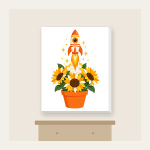 Striped Rocket in Sunflower Pot Canvas Print in white: A small striped rocket lifts off from a pot of sunflowers in white, yellow and orange.