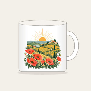 Terraced Hills at Sunrise with Poppies Mug in white: Terraced hills under a rising sun with poppies in the foreground in coral, gold and green.